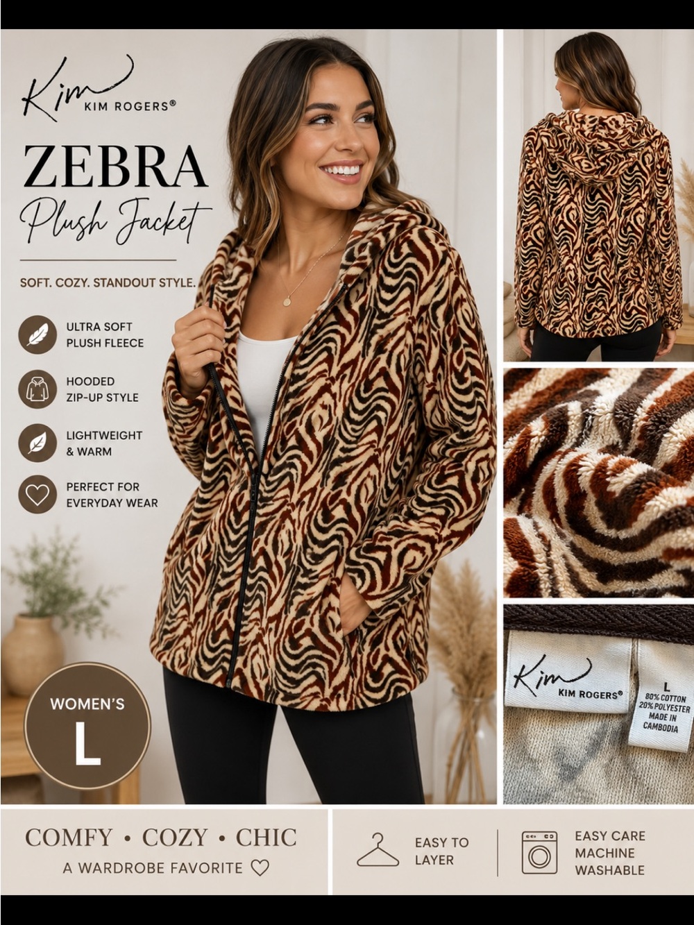 Kim Rogers Women's Zebra Plush Jacket - Brown Zebra Print